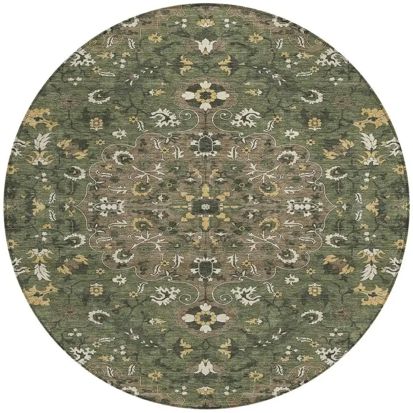 8' Brown And Ivory Round Floral Medallion Washable Indoor Outdoor Area Rug Photo 2