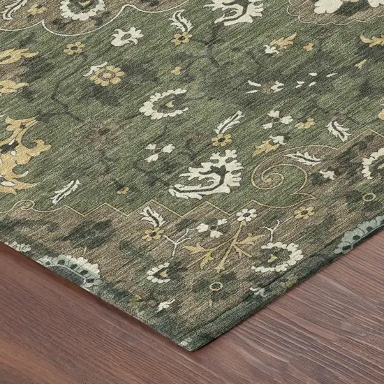 8' Brown And Ivory Round Floral Medallion Washable Indoor Outdoor Area Rug Photo 6