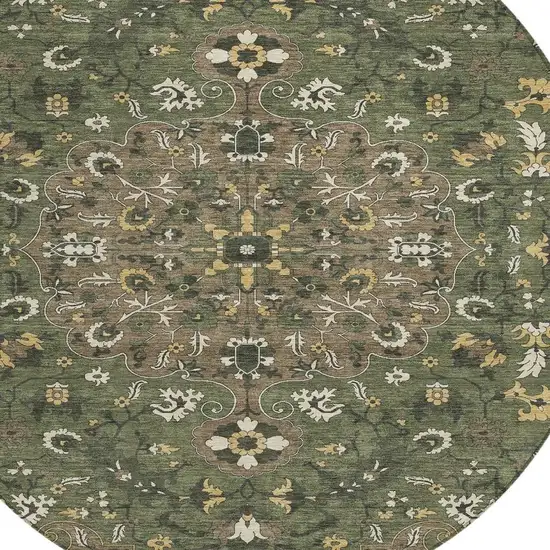 8' Brown And Ivory Round Floral Medallion Washable Indoor Outdoor Area Rug Photo 3