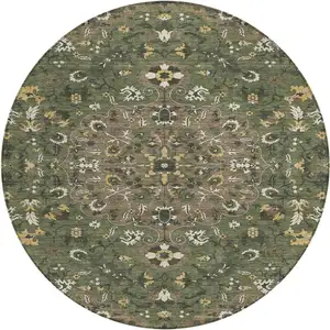 Photo of 8' Brown And Ivory Round Floral Medallion Washable Indoor Outdoor Area Rug