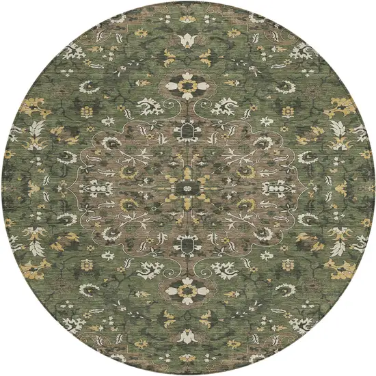 8' Brown And Ivory Round Floral Medallion Washable Indoor Outdoor Area Rug Photo 1