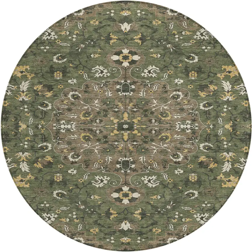 8' Brown And Ivory Round Floral Medallion Washable Indoor Outdoor Area Rug Photo 1