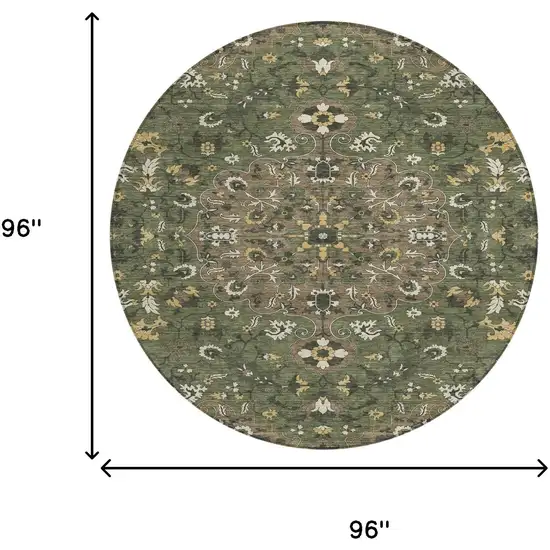 8' Brown And Ivory Round Floral Medallion Washable Indoor Outdoor Area Rug Photo 8