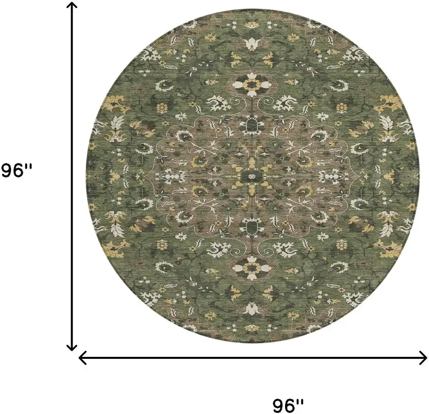 8' Brown And Ivory Round Floral Medallion Washable Indoor Outdoor Area Rug Photo 8