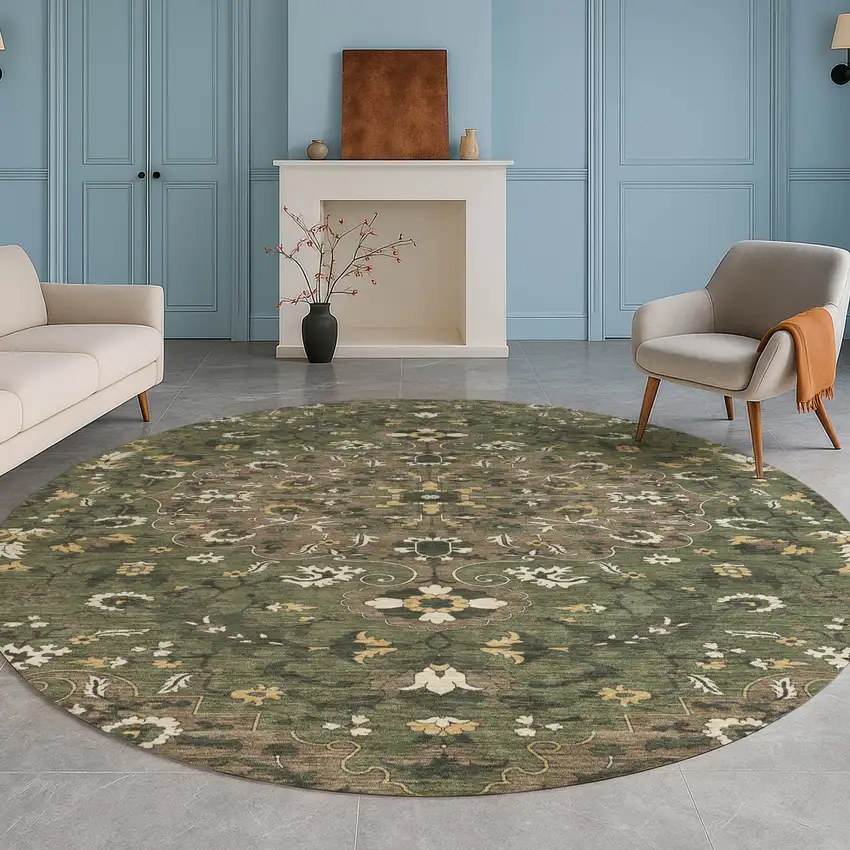 8' Brown And Ivory Round Floral Medallion Washable Indoor Outdoor Area Rug Photo 5