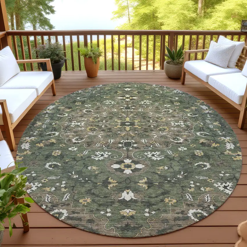 8' Brown And Ivory Round Floral Medallion Washable Indoor Outdoor Area Rug Photo 4