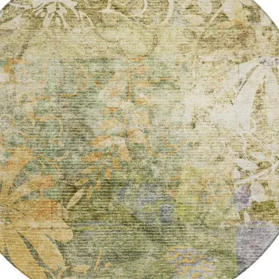 8' Brown And Ivory Round Floral Washable Indoor Outdoor Area Rug Photo 6