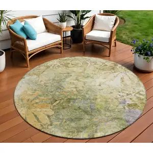 Photo of 8' Brown And Ivory Round Floral Washable Indoor Outdoor Area Rug
