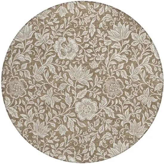 8' Brown And Ivory Round Floral Washable Indoor Outdoor Area Rug Photo 3