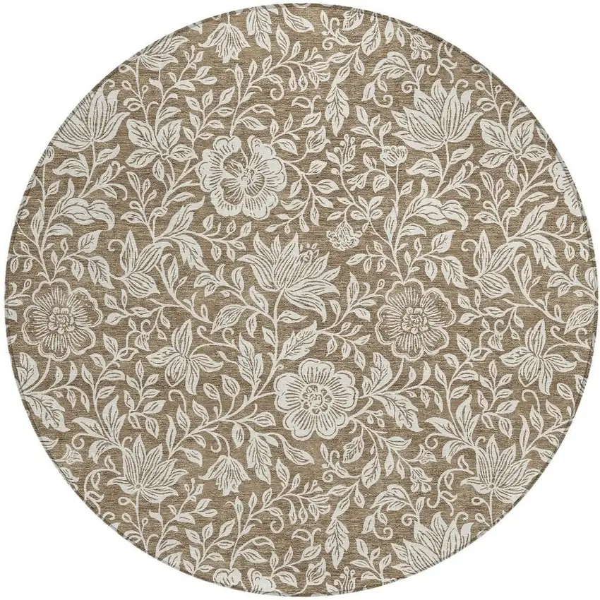 8' Brown And Ivory Round Floral Washable Indoor Outdoor Area Rug Photo 3