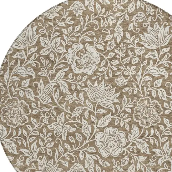 8' Brown And Ivory Round Floral Washable Indoor Outdoor Area Rug Photo 2