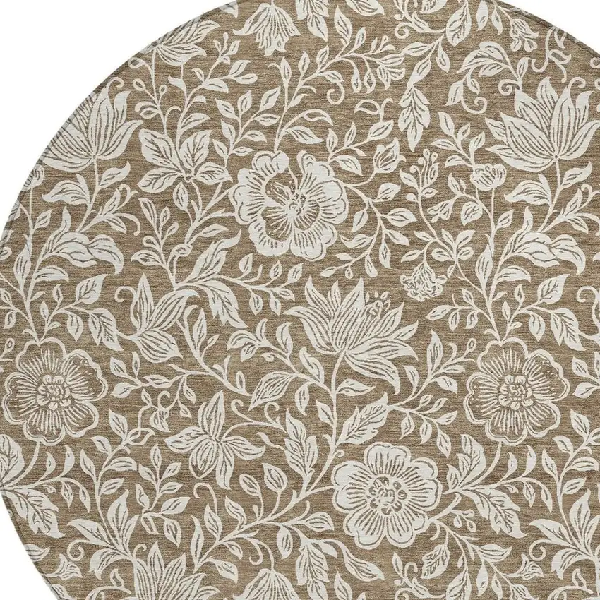 8' Brown And Ivory Round Floral Washable Indoor Outdoor Area Rug Photo 2