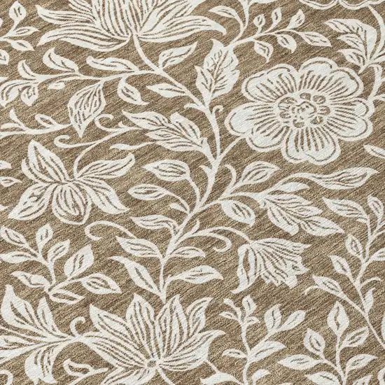 8' Brown And Ivory Round Floral Washable Indoor Outdoor Area Rug Photo 5