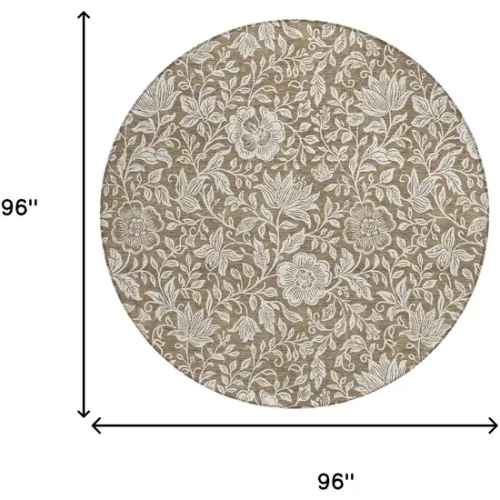 8' Brown And Ivory Round Floral Washable Indoor Outdoor Area Rug Photo 6