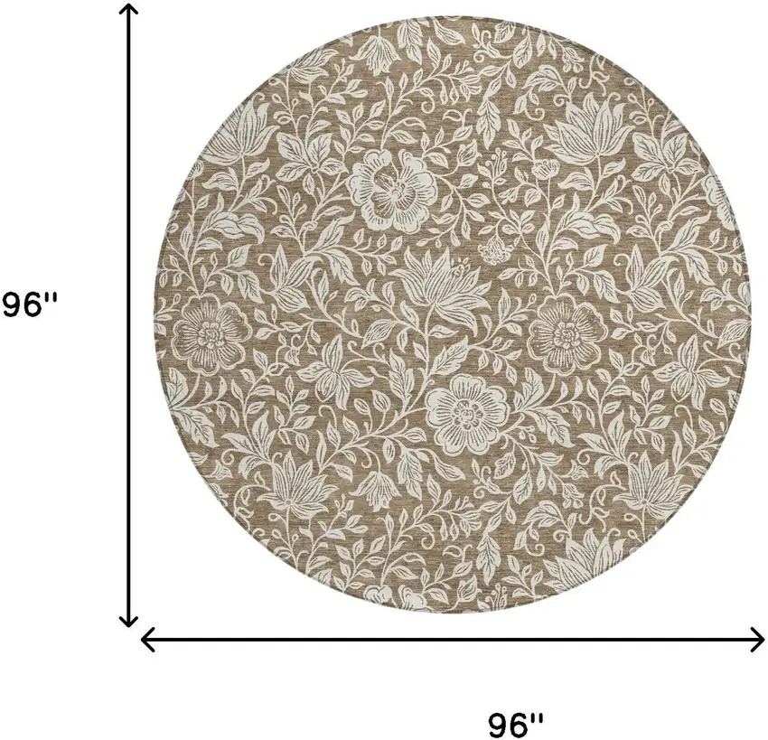 8' Brown And Ivory Round Floral Washable Indoor Outdoor Area Rug Photo 6