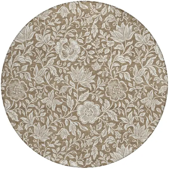 8' Brown And Ivory Round Floral Washable Indoor Outdoor Area Rug Photo 1