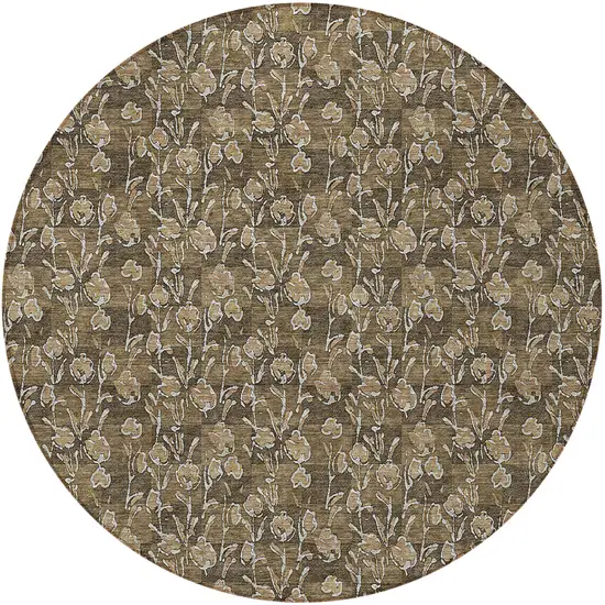 8' Brown And Ivory Round Floral Washable Indoor Outdoor Area Rug Photo 6