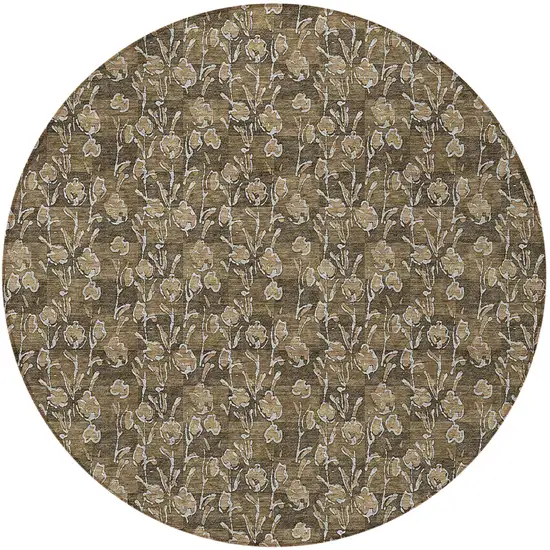 8' Brown And Ivory Round Floral Washable Indoor Outdoor Area Rug Photo 6