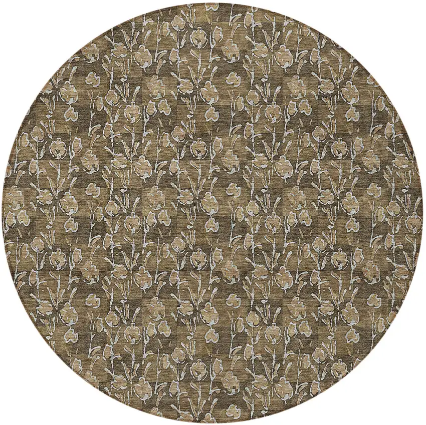 8' Brown And Ivory Round Floral Washable Indoor Outdoor Area Rug Photo 6