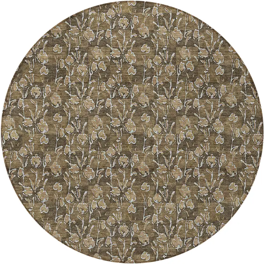 8' Brown And Ivory Round Floral Washable Indoor Outdoor Area Rug Photo 6