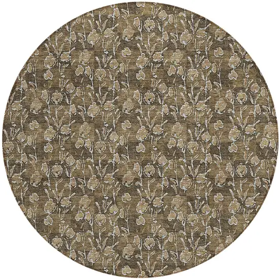 8' Brown And Ivory Round Floral Washable Indoor Outdoor Area Rug Photo 5