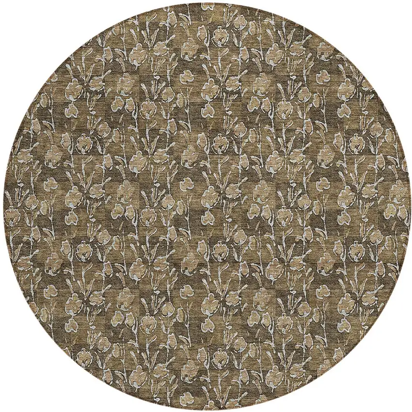 8' Brown And Ivory Round Floral Washable Indoor Outdoor Area Rug Photo 5