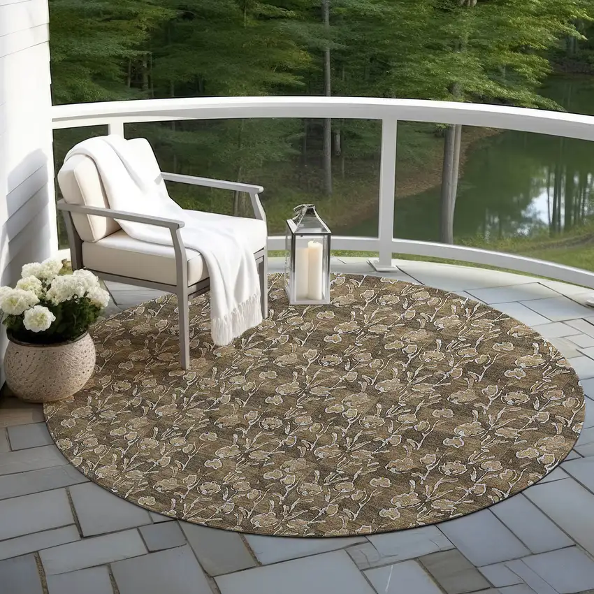 8' Brown And Ivory Round Floral Washable Indoor Outdoor Area Rug Photo 7