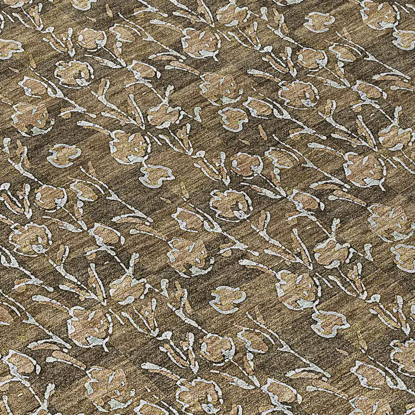 8' Brown And Ivory Round Floral Washable Indoor Outdoor Area Rug Photo 4