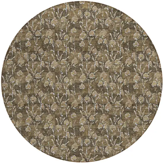 8' Brown And Ivory Round Floral Washable Indoor Outdoor Area Rug Photo 2