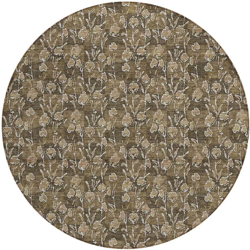 8' Brown And Ivory Round Floral Washable Indoor Outdoor Area Rug Photo 2