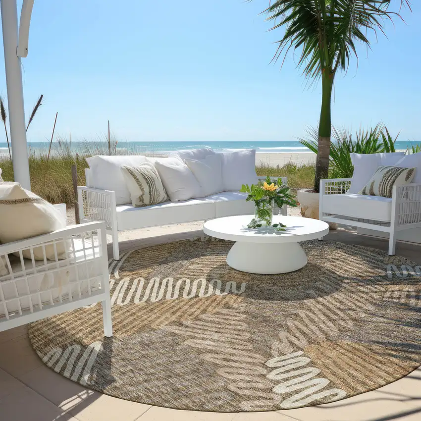 8' Brown And Ivory Round Floral Washable Indoor Outdoor Area Rug Photo 6