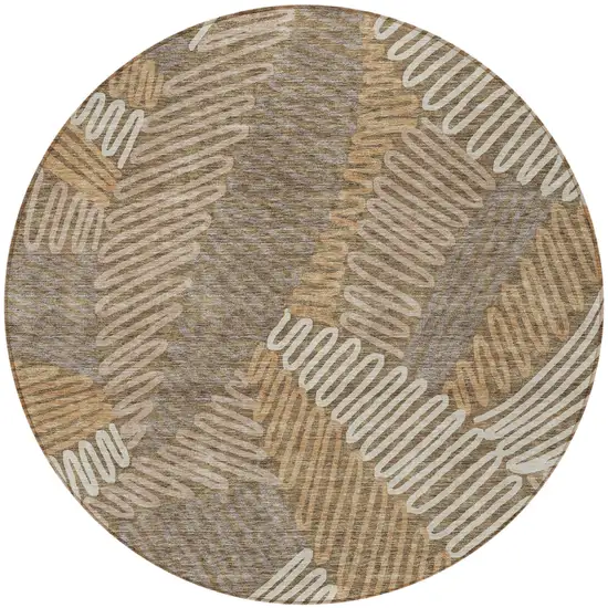 8' Brown And Ivory Round Floral Washable Indoor Outdoor Area Rug Photo 5