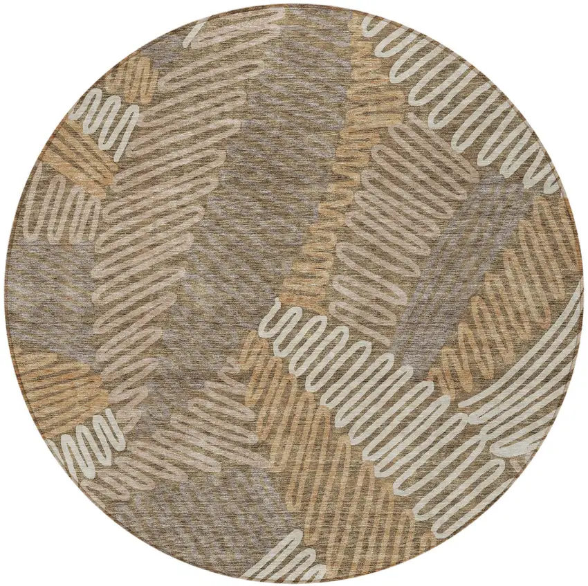 8' Brown And Ivory Round Floral Washable Indoor Outdoor Area Rug Photo 5