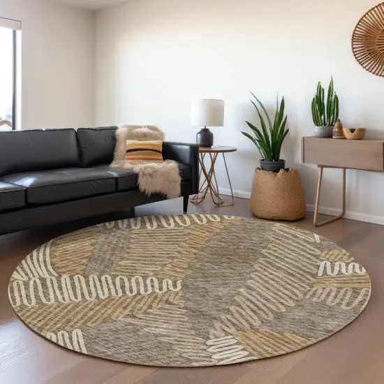 8' Brown And Ivory Round Floral Washable Indoor Outdoor Area Rug Photo 7