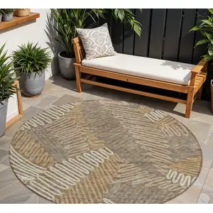 Photo of 8' Brown And Ivory Round Floral Washable Indoor Outdoor Area Rug