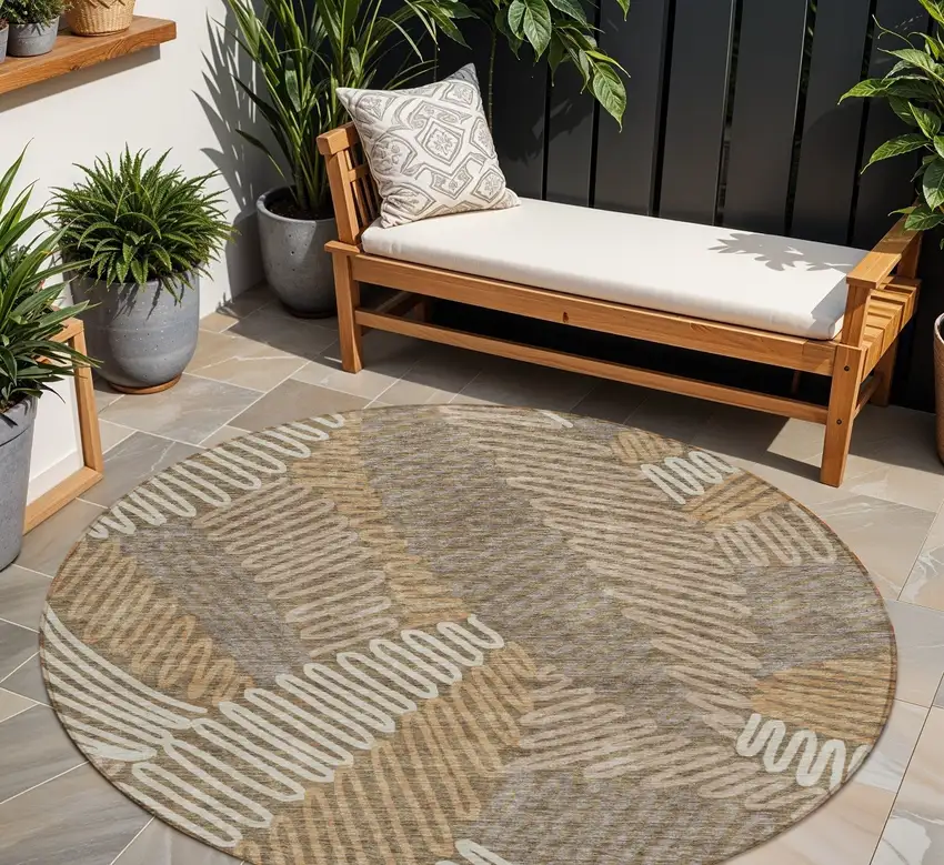 8' Brown And Ivory Round Floral Washable Indoor Outdoor Area Rug Photo 1