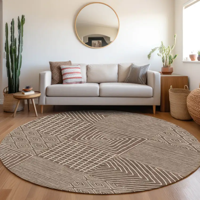 8' Brown And Ivory Round Geometric Washable Indoor Outdoor Area Rug Photo 9