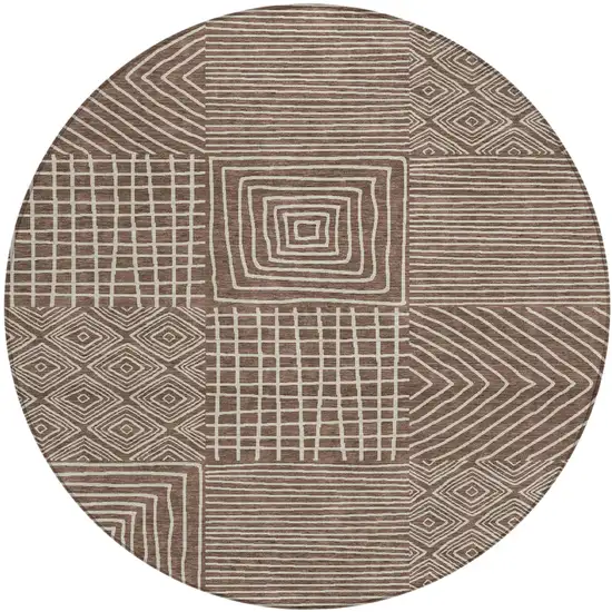 8' Brown And Ivory Round Geometric Washable Indoor Outdoor Area Rug Photo 2