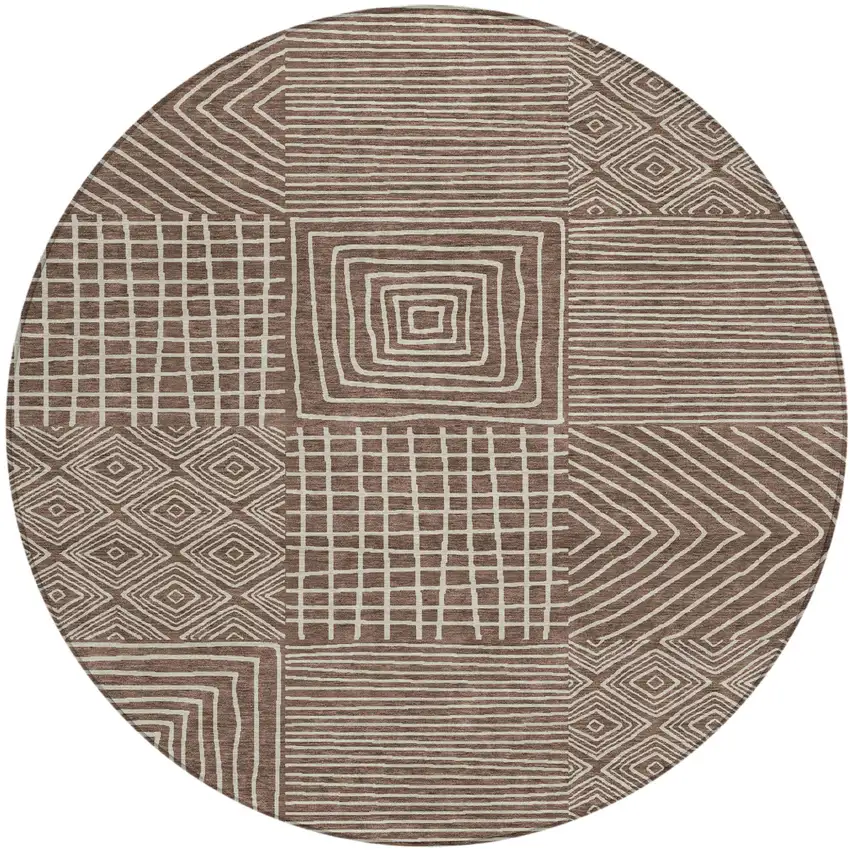 8' Brown And Ivory Round Geometric Washable Indoor Outdoor Area Rug Photo 2