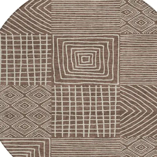 8' Brown And Ivory Round Geometric Washable Indoor Outdoor Area Rug Photo 6