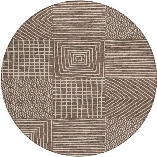 8' Brown And Ivory Round Geometric Washable Indoor Outdoor Area Rug Photo 7