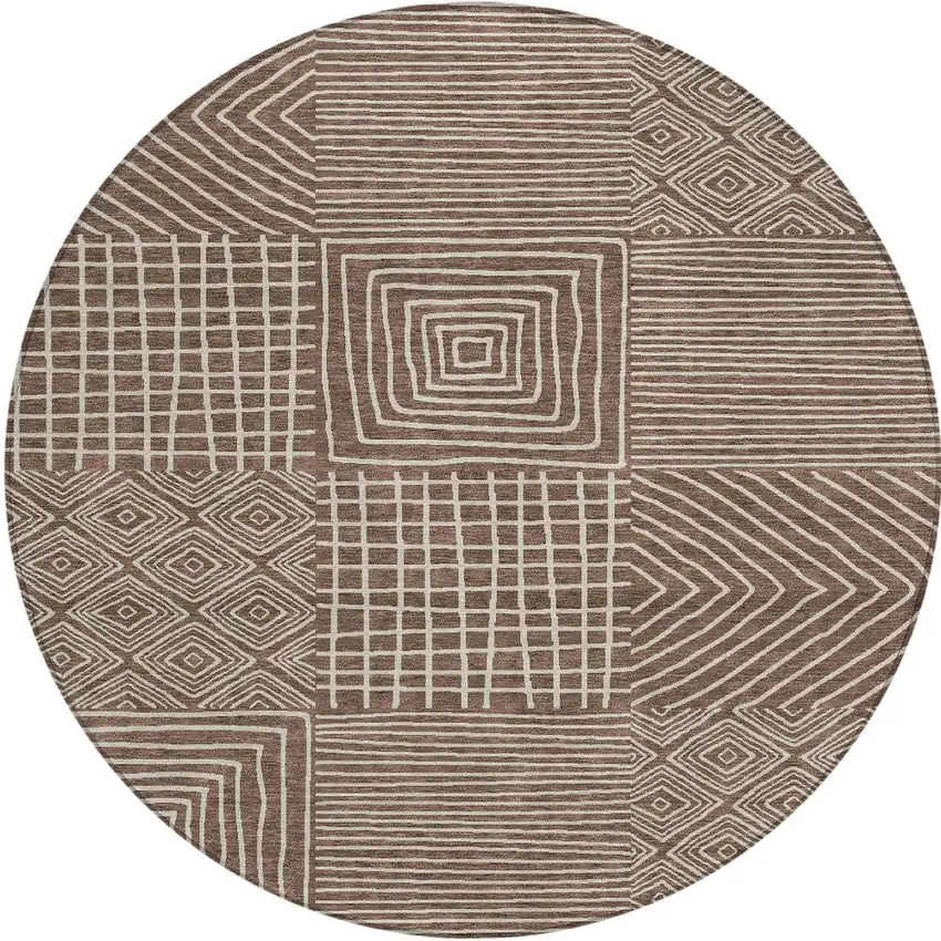 8' Brown And Ivory Round Geometric Washable Indoor Outdoor Area Rug Photo 7