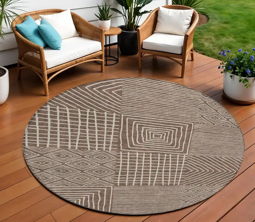 8' Brown And Ivory Round Geometric Washable Indoor Outdoor Area Rug Photo 1