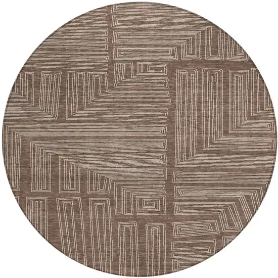 8' Brown And Ivory Round Geometric Washable Indoor Outdoor Area Rug Photo 2