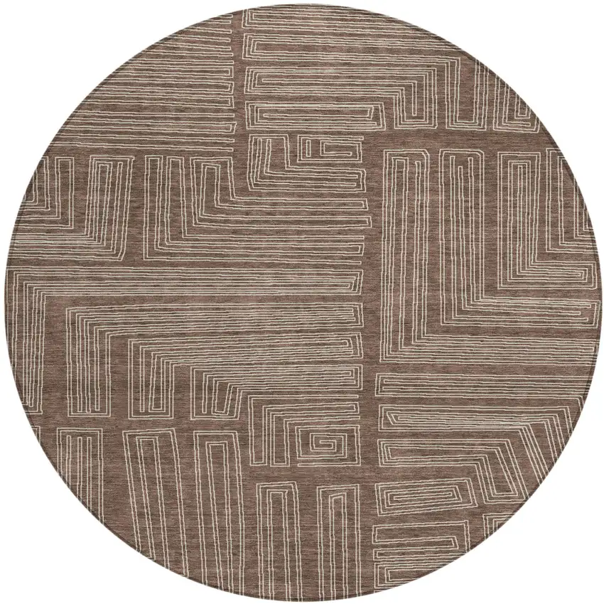 8' Brown And Ivory Round Geometric Washable Indoor Outdoor Area Rug Photo 2