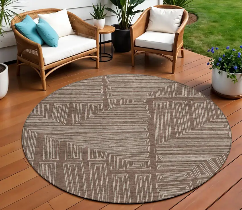 8' Brown And Ivory Round Geometric Washable Indoor Outdoor Area Rug Photo 1