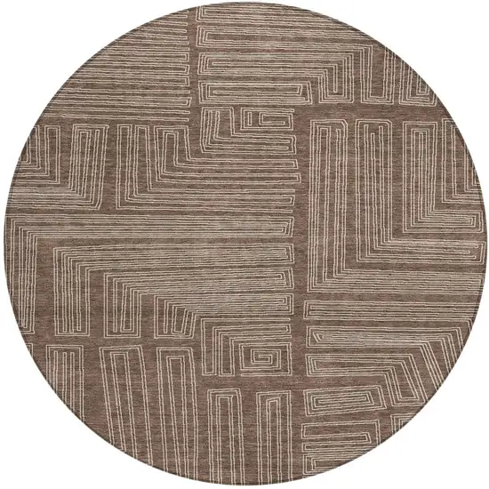 8' Brown And Ivory Round Geometric Washable Indoor Outdoor Area Rug Photo 6