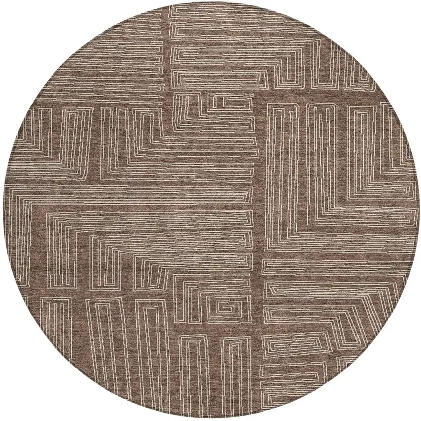 8' Brown And Ivory Round Geometric Washable Indoor Outdoor Area Rug Photo 6