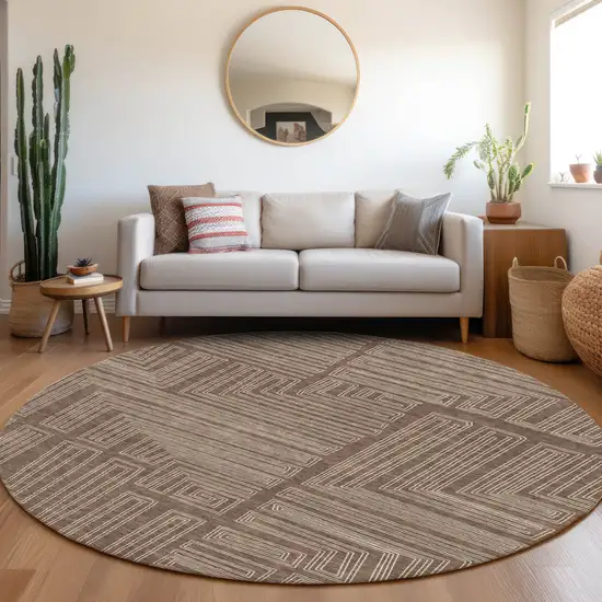 8' Brown And Ivory Round Geometric Washable Indoor Outdoor Area Rug Photo 8