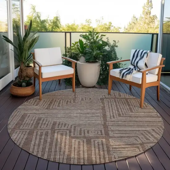 8' Brown And Ivory Round Geometric Washable Indoor Outdoor Area Rug Photo 7
